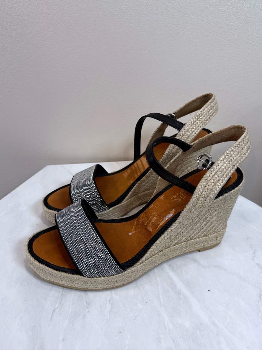 🔥Casteller Black and Silver Espadrille Wedge Sandals Size 38 EC🔥